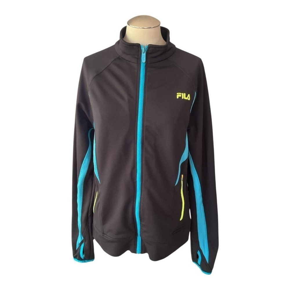 Fila Full Zip Track Jacket Size L – Black with Blue & Yellow Accents